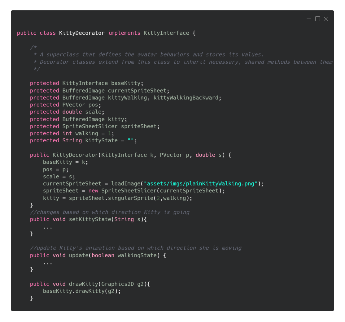 A snippet of the KittyDecorator class where Kitty's base avatar exists, where the sprite sheet is sliced, and where her animation is defined