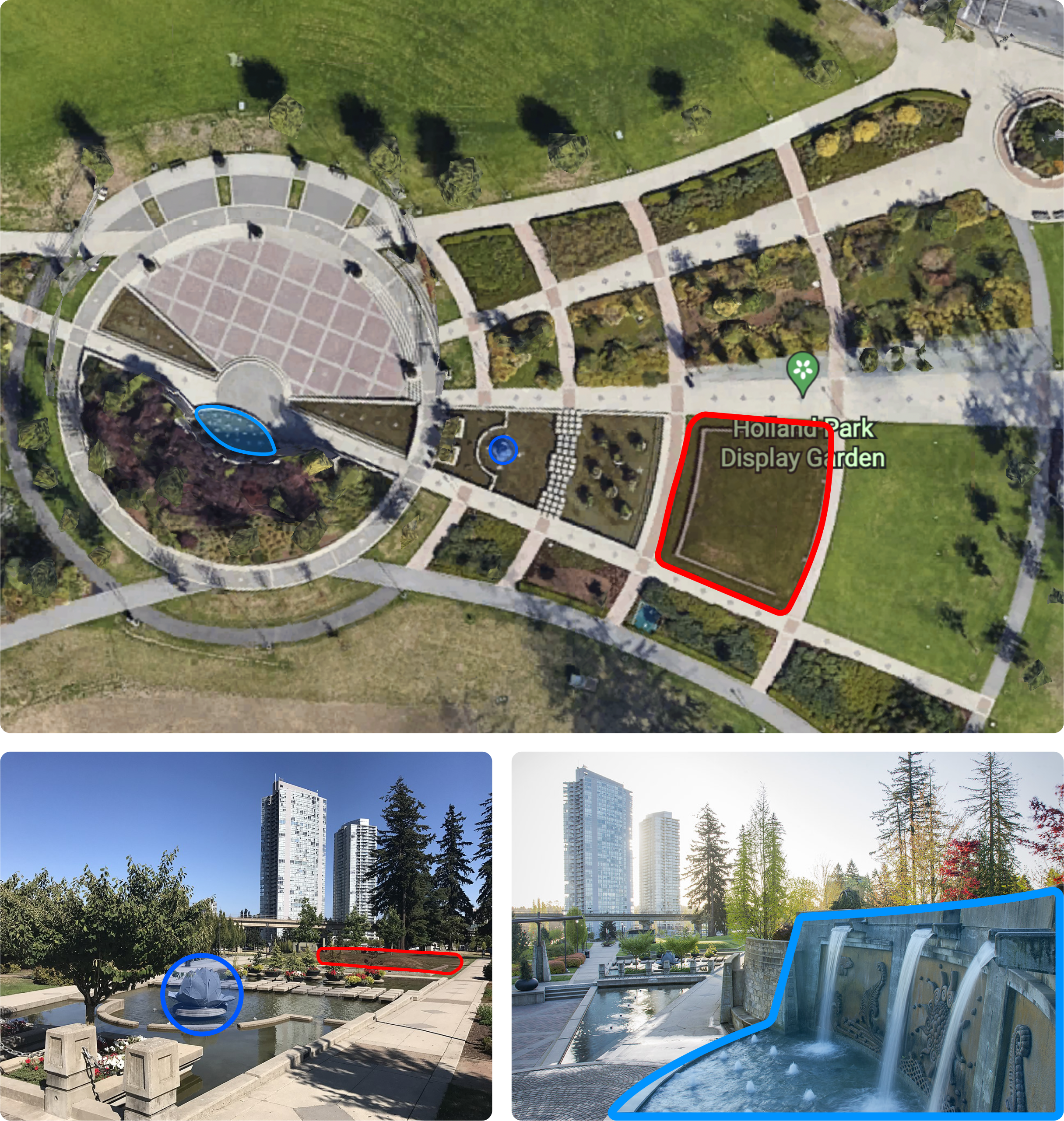 The red portion highlights where the pavilion would be, dark blue shows the location of an existing sculpture, and light blue is where the central fountain exists