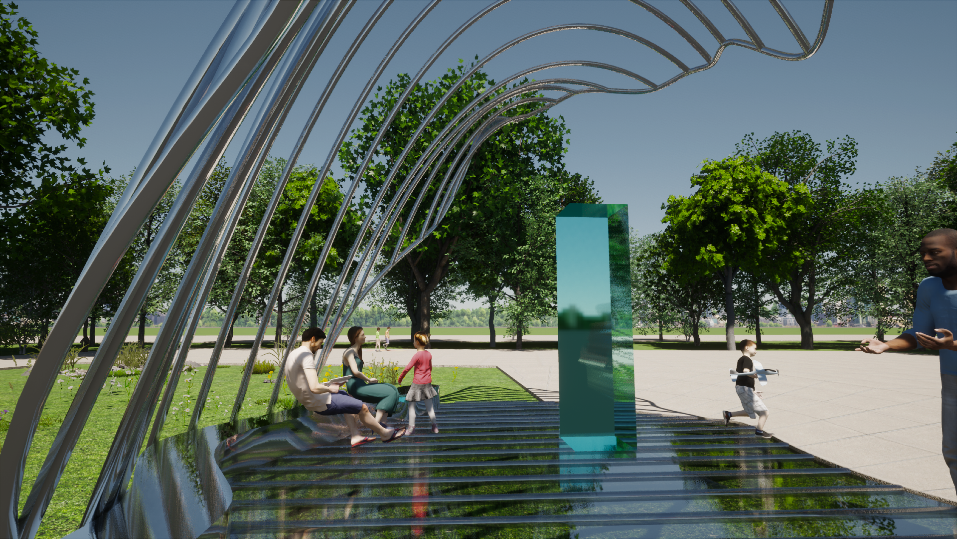 Human eye level view of the sculpture, while sitting down at the edge of the pavilion and facing the entrance