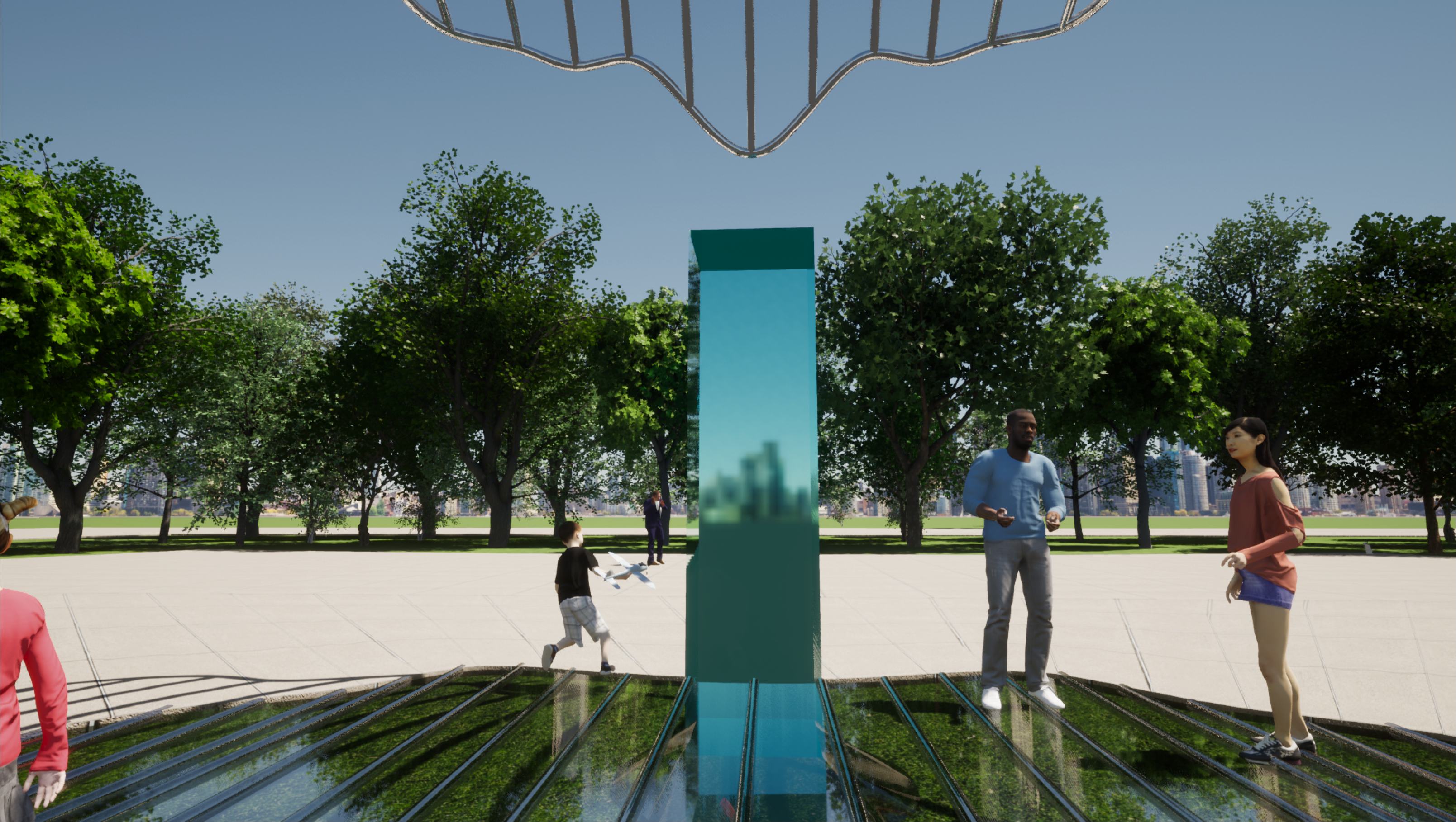 Human eye level view of the sculpture, while sitting down at the middle of the pavilion and facing the entrance